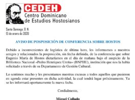 AVISO DE POSPOSICIÓN DE CONFERENCIA SOBRE HOSTOS