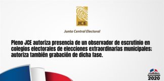 Pleno JCE autoriza presencia de un observador de escrutinio en colegios electorales de elecciones extraordinarias municipales