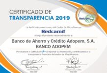 Banco Adopem recibe certificado de «Transparencia A+» de Redcamif
