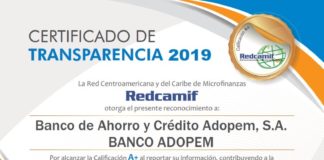 Banco Adopem recibe certificado de «Transparencia A+» de Redcamif