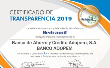 Banco Adopem recibe certificado de «Transparencia A+» de Redcamif
