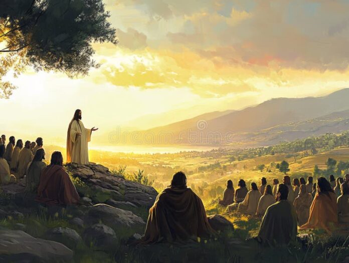 jesús-entregó-el-sermón-en-monte-del-amanecer-dorado-una-hermosa-representación-artística-de-predicando-al-la-ladera-brilla-411805818
